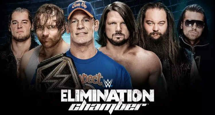 WWE Elimination Chamber 2017 : John Cena et AJ Styles en cage avec Dean Ambrose, The Miz, Baron Corbin et Bray Wyatt WWE Elimination Chamber 2017 : John Cena et AJ Styles en cage avec Dean Ambrose, The Miz, Baron Corbin et Bray Wyatt